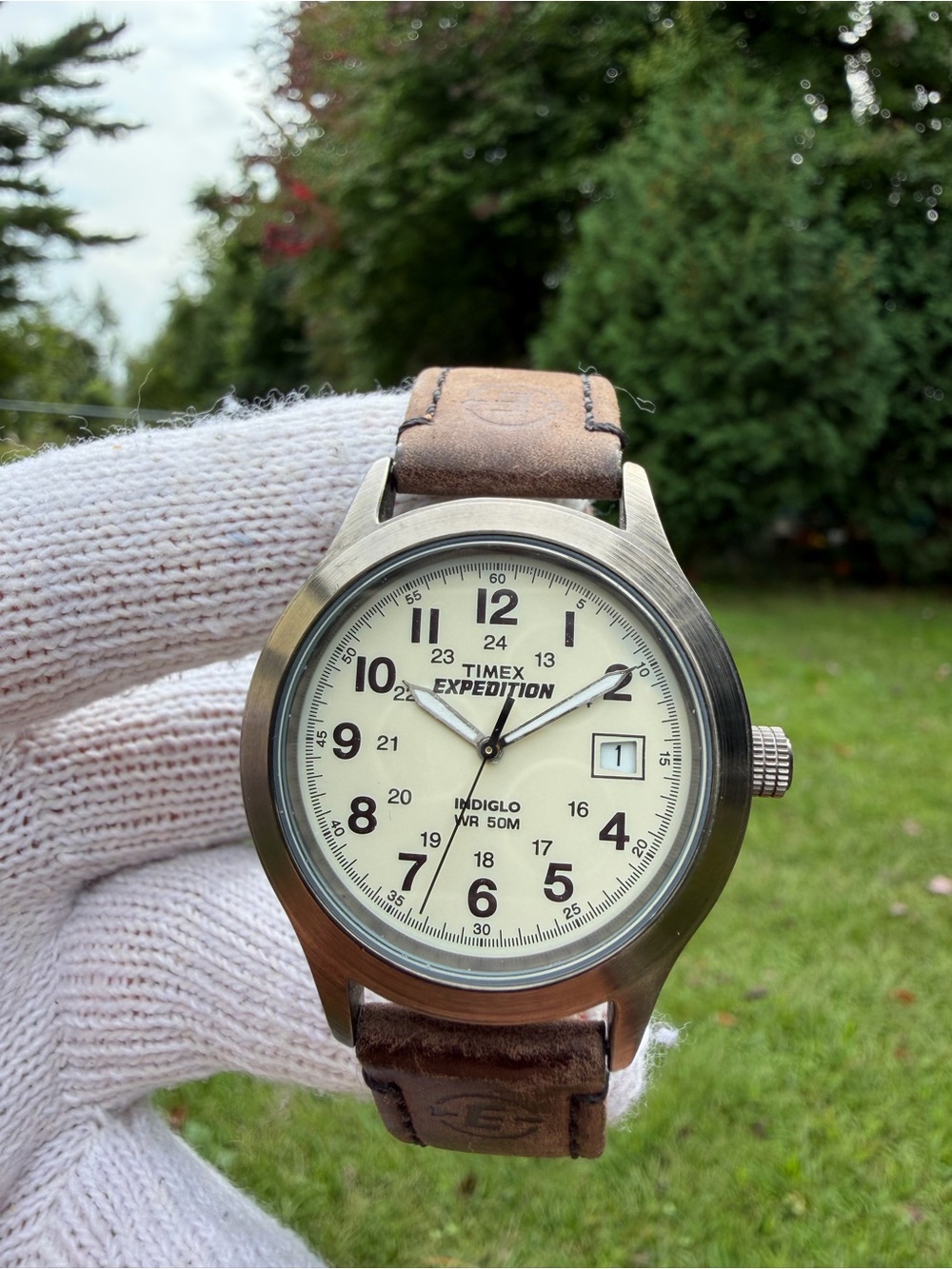 Timex Expedition Scout 905 Watch 149870 CR2016 Battery Cream Dial Brown Leather